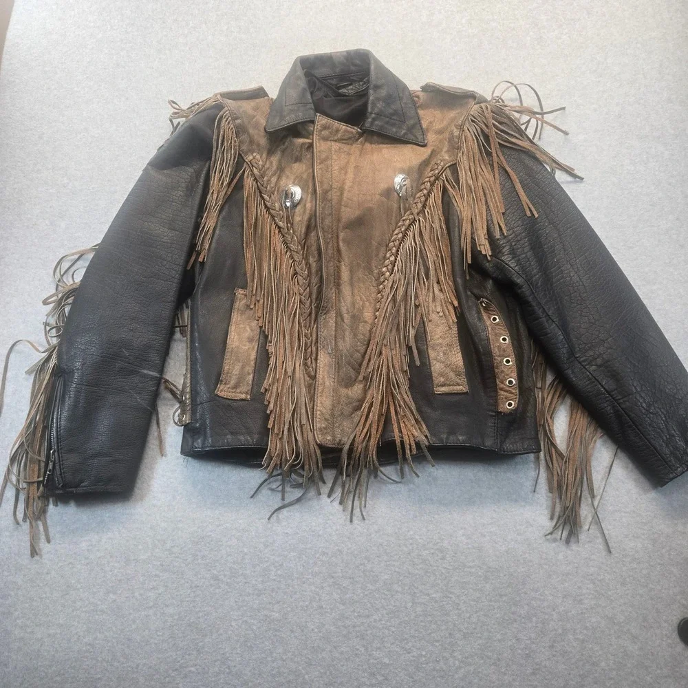 Vintage Two Tone Leather Fringe Western Biker Jacket Concho Lace Up Brown Black